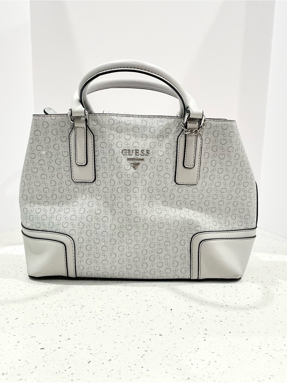 GUESS White Logo-Print Satchel with Silver Hardware